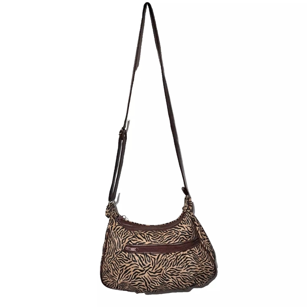 woman's Hobo Crossbody Bag Brown zippered Purse zebra print lots of room casual
